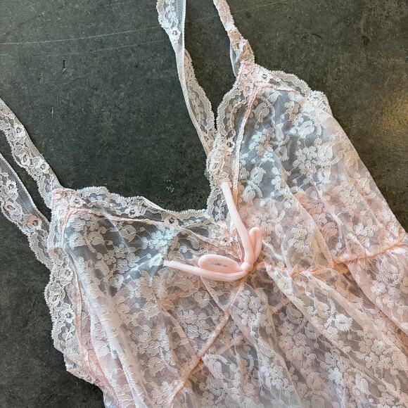 Vintage Y2k 80's Baby Pink Full Lace Sheer Cami Tank Top Maxi Night Gown Dress S - Picture 4 of 7